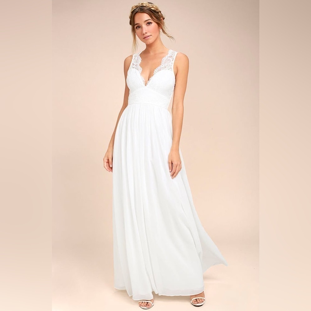 Lulu’s Destined To Dream White Lace Maxi Dress Romantic Coquette